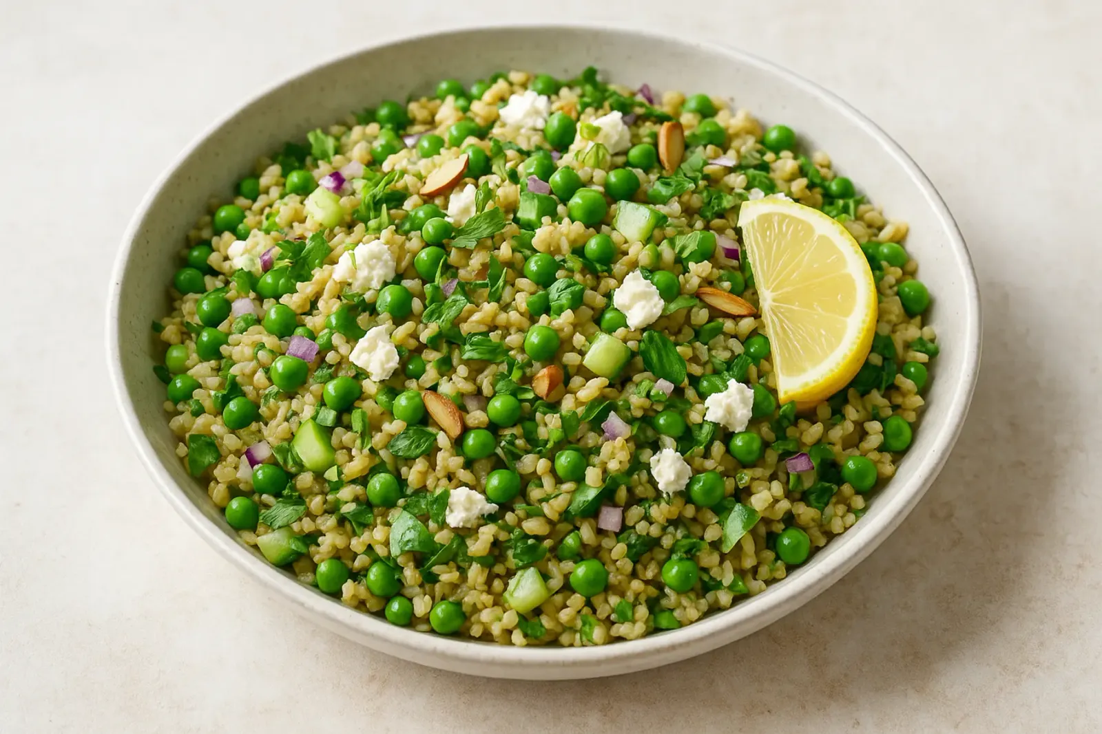 Blodsukkervenlig bulgursalat med ærter, feta og citron