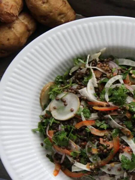 Salat af belugalinser, jordskokker og fennikel