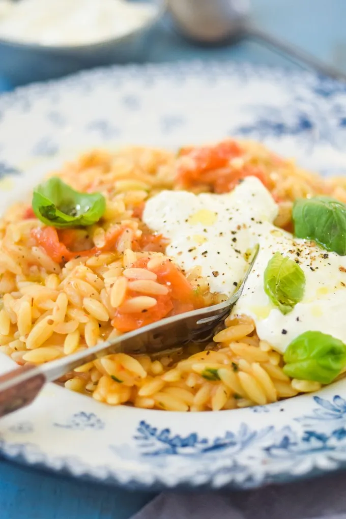 Orzo pasta med tomat, basilikum og fetacreme